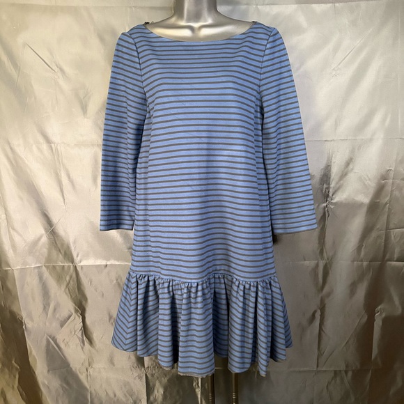 Women's Kate Spade 3/4 Sleeve Striped Dress Black Blue Zipper Peplum Size 12 - Picture 2 of 16